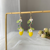 Lemon and Flower earrings - glass Lemon drop earrings - fruit drop earrings